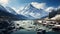 River Floating in Front of Big Snow Mountains With Cloudy Sky Winter Landscape Background