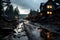 River flooding local village, desolation scene. Generative AI image.