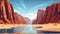 The river flows within a rock desert cartoon landscape background. Boulder stones and the canyon valley can be seen in