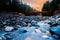 River in forest. Long exposure, water slow shutter speed, fog when sunrise in winter season,Washington,USA.