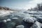 river frozen over with crystal-clear ice, surrounded by snowy landscape