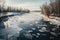 river frozen over with crystal-clear ice, surrounded by snowy landscape