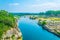 River Gardon flowing under Pont du Gard aqueduct in France