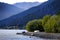 River or Lake with Boat on Shore with Mountains