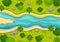 River Landscape Illustration with View Mountains, Green Fields, Trees and Forest Surrounding the Rivers in Flat Cartoon Hand Drawn