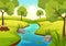 River Landscape Illustration with View Mountains, Green Fields, Trees and Forest Surrounding the Rivers in Flat Cartoon Hand Drawn