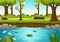 River Landscape Illustration with View Mountains, Green Fields, Trees and Forest Surrounding the Rivers in Flat Cartoon Hand Drawn