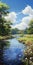 River Landscape Painting With Pond: Realistic Mori Kei Art