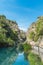 River landscape Sanctuary of La Fontcalda, Catalonia, Tarragona, Spain. Vertical