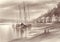 River landscape with ships in sepia watercolor background