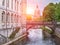 River Leine in Hanover city. City Hall background. View at sunset