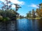 River Through Lush Bayou, Blue Skies
