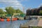 River Medway, lock, gas holder. Tonbridge, Kent, UK