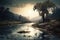 The river with the moon. Bizarre landscape conceptual visual art natural fantasy art.