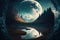 the river with the moon. bizarre landscape conceptual visual art natural fantasy art by AI generated