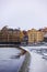 The river Motala Strom (Strommen) by old industrial buildings, a landmark of Norrkoping, Sweden in winter