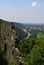 River in the mountains between architectural ruins