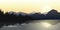 River and Mountains Row with Sunrise In Horizon, Vector Illustration