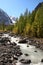 River, mountains and trees.