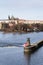 River navigation sign on Vltava with Hradcany castle, Prague, Bohemia