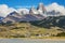 River near El Chalten and panorama with Fitz Roy mountain at Los Glaciares National Park