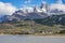River near El Chalten and panorama with Fitz Roy mountain at Los Glaciares National Park