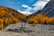 River outflow with stones in mountains with golden color trees and blue sky