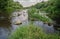 A river with patches of grass and stones of scattered running to the horizon. Long exposure shot. The banks overgrown with lush