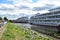 River port Kostroma city retro cruise liners. The Volga River. Avenues of deciduous trees on the embankment. Blue sky