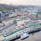 River port and Postal Square with St. Elijah Church , tourist boats on a river Dnepr in Kiev, Ukraine