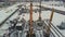 River port, standing of cargo ships, vessel with a crane, winter, aerial survey, top view