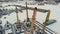 River port, standing of cargo ships, vessel with a crane, winter, aerial survey, top view