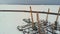 River port, standing of cargo ships, vessel with a crane, winter, aerial survey, top view