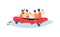 River rafting - cartoon people rowing in inflatable boat wearing safety vests