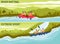 River rafting - extreme water sport banner with cartoon people on raft boat