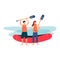 River rafting finish line - cartoon people standing on shore holding paddles and smiling