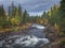 River with rapids along the Wilderness Road with trees in autumn in Jämtland in Sweden