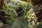 River among rocks, moss, cave and vegetation in the rainforest