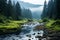 a river running through a forest with rocks and grass