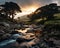 a river runs through the mountains at sunset