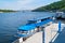 River ship at the pier. River pleasure boat moored in the port