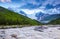 From the river shore opens view on fantastic glacier.