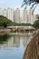 River and skyscrapers in Tai Po New Town, Hong Kong