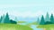 River summer landscape, cartoon natural peaceful scenery with calm river waters, green grass hills