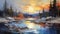 River And Sunset: A Realistic Painting With A Cold And Detached Atmosphere