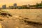 River at sunset and view of the evening city. Rostov-on-don