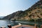 River trip along rocky green coast in Turkey shot