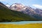 River in valley at foot of Andes mountains