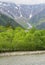 River view snow fields mountains Alps, Kamikochi, Japan