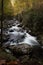 River vista of swiftly flowing water over rocks in an autumnal mountain landscape